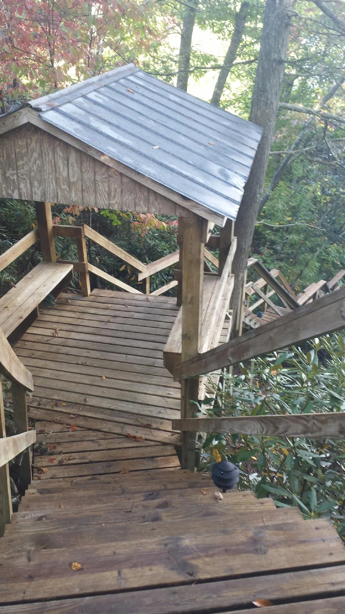 Metal roofed shelter over wooden steps on a wooded walkway — Skylight Repair & Installation work by our crew in Plantation